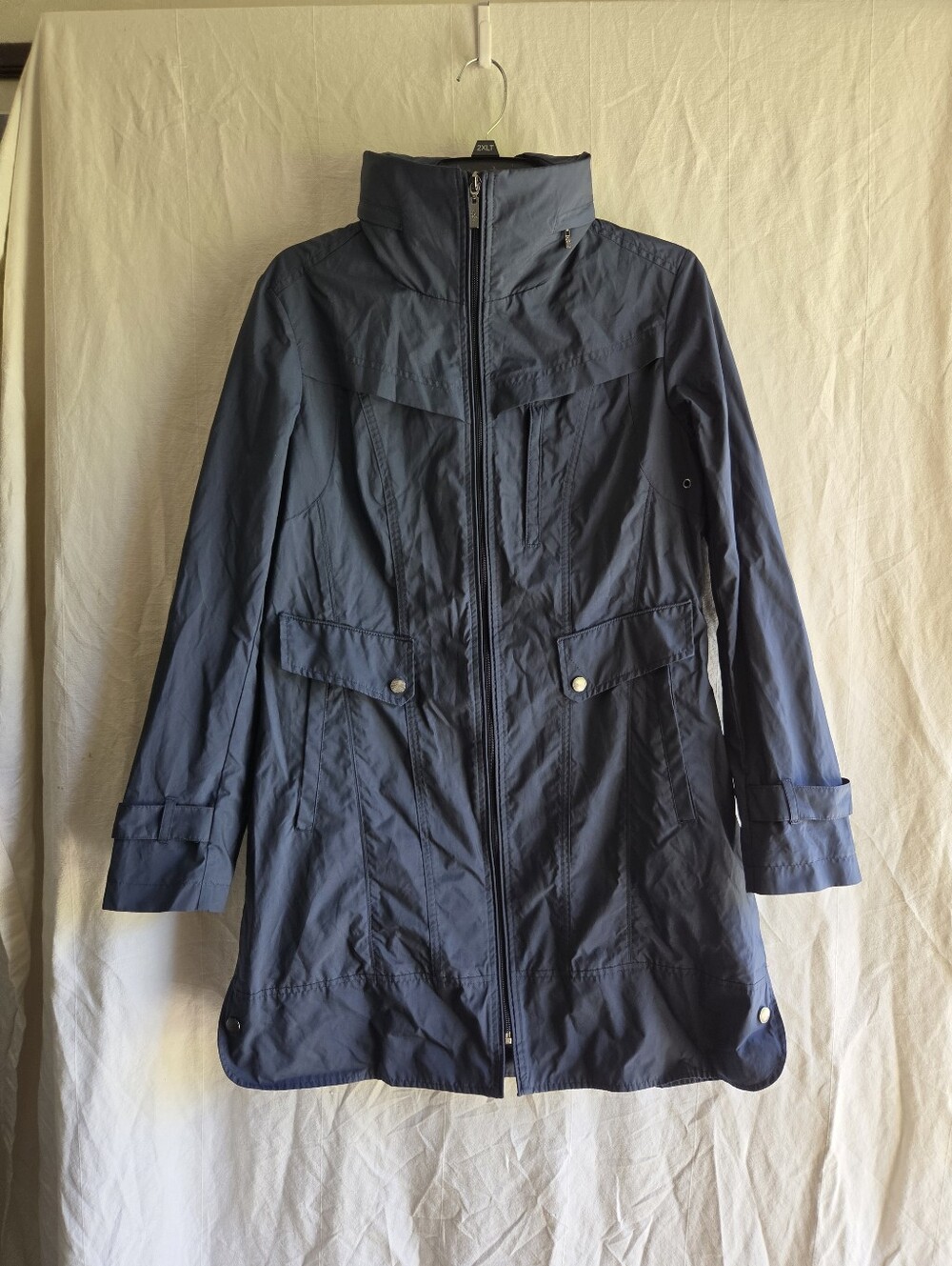 Cole Haan New York Navy Blue Rain Trench Coat Zip Women's Size S Optional Hood